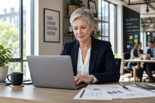 Professional woman in her early fifties working attentively at her desk in a modern, well-lit office setting.