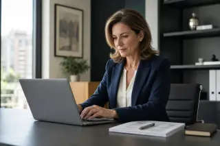 Confident senior woman working intently at a modern desk in a bright, contemporary office space