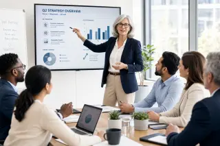 Senior woman confidently leading a modern business meeting in a bright office with colleagues