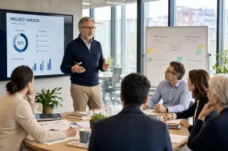 Senior man in his 60s confidently presenting a business project to a diverse group in a bright, modern coworking space.
