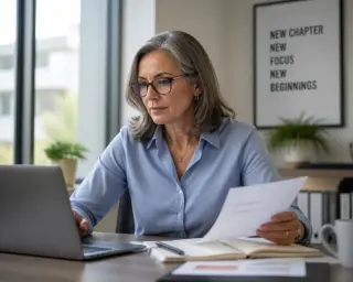 Confident senior woman working at a laptop in a bright, modern office environment, looking focused and professional.