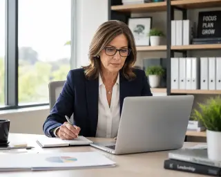 A professional woman in her fifties intently using a laptop in a modern, sunlit office environment.
