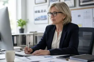 Woman in her fifties working confidently at a computer in a modern, bright office, conveying professionalism and focus.