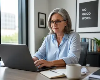Confident senior woman at a modern desk working on a laptop in a bright, contemporary office