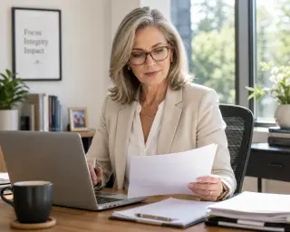 Senior woman in her 50s working attentively at a desk in a well-lit contemporary office environment