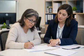 Confident senior woman filling out administrative paperwork with a younger advisor in a modern office, both focused and collaborating.