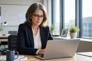 Confident woman of about 55 years working intently on a laptop in a bright, modern office