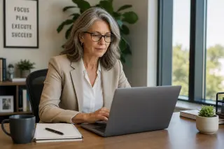 Confident senior woman, about 55, working focused at a laptop in a bright, modern office setting, dressed professionally and engaged in job search tasks.