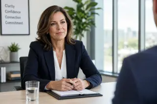 Confident woman in her 50s attentively participating in a job interview at a bright, modern office desk