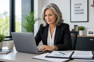 Woman in her mid-fifties working intently on a laptop in a bright, modern office, exuding professionalism and confidence.